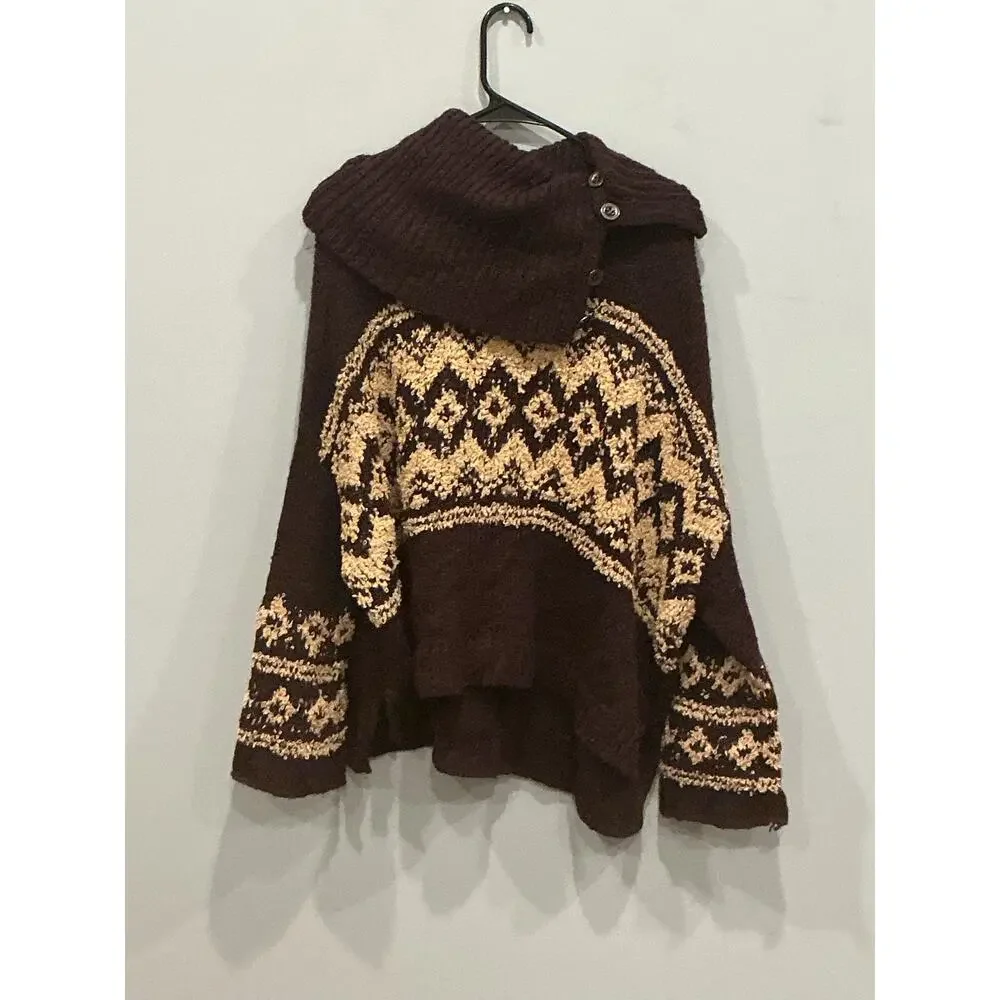 Free People Fair Isle Wool Blend Sweater Burgundy Chunky Knit Oversized Boho‎ S